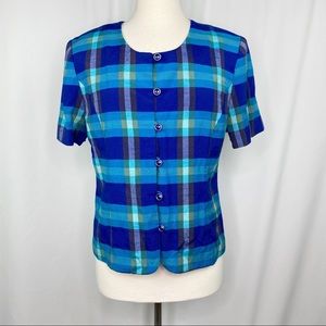 vintage 80s casual button up blue plaid blouse